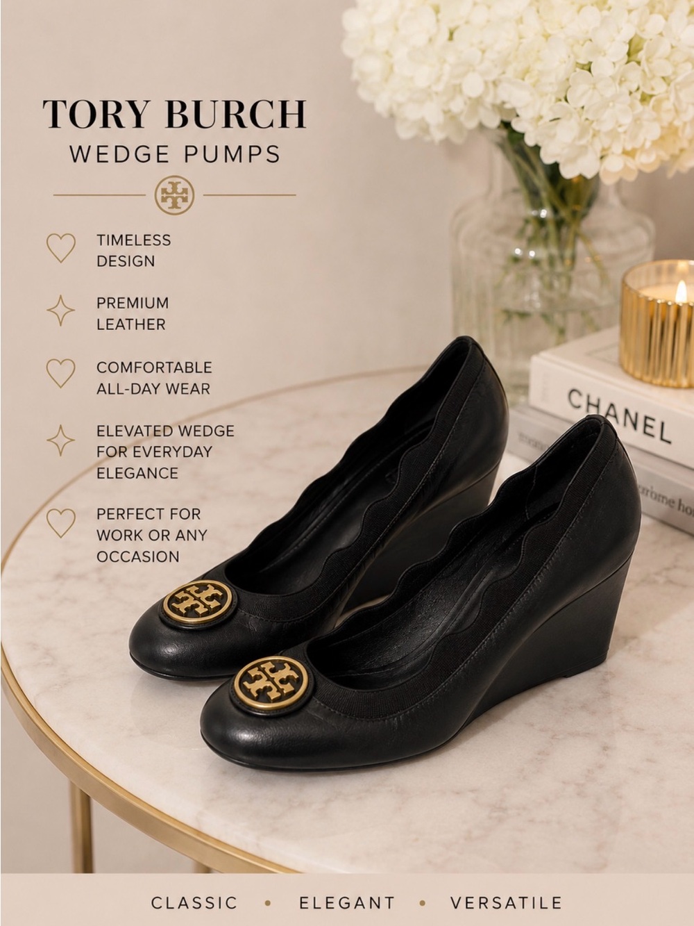 Tory Burch Caroline 65 mm Wedge – Naplak/Elastic - Size 5.5 Black/Black